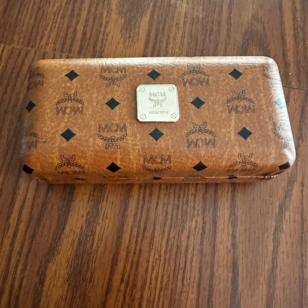 MCM Tan Monogram Sun glasses case with Gold Accents
